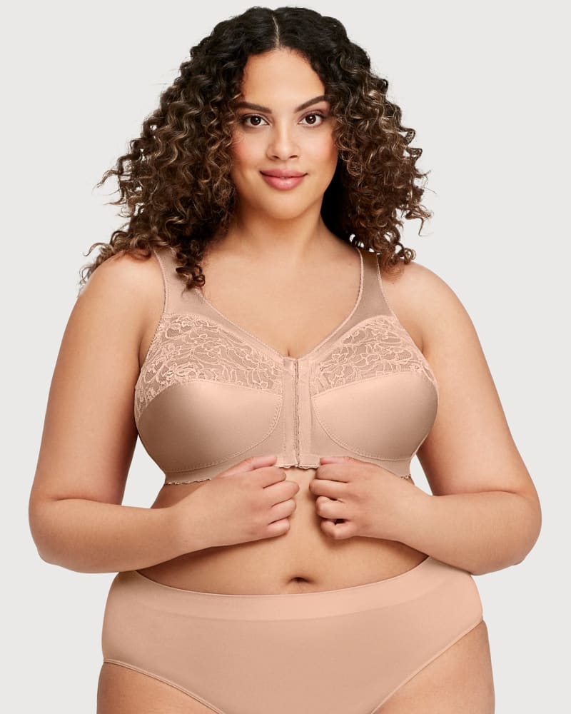 Front of a model wearing a size 50D MagicLift Front-Closure Support Bra in Blush by Glamorise. | dia_product_style_image_id:262948
